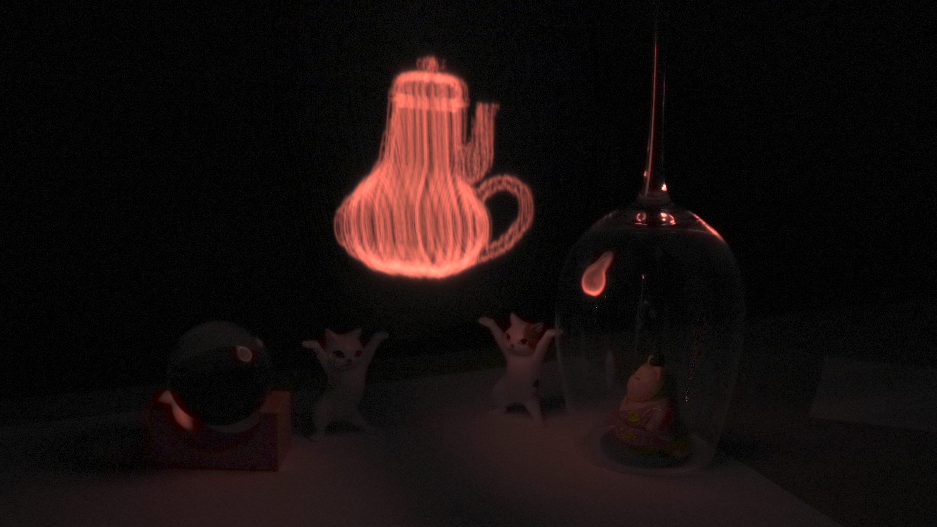 Teapot virtual emitter with cat figurines